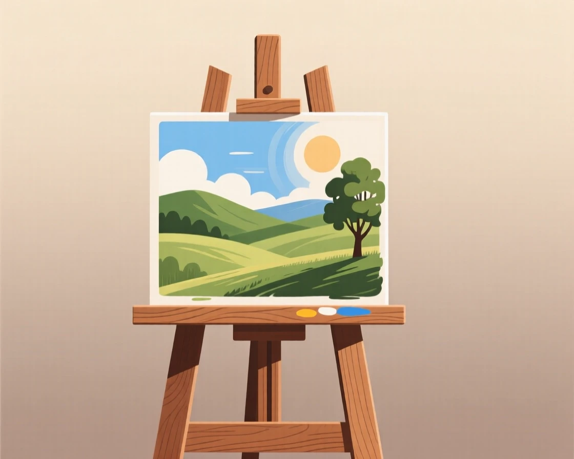 A wooden easel holding a half-finished landscape painting, set against a soft neutral backdrop, arranged symmetrically for a balanced, pleasing look, with a clean, elegant simplicity.
