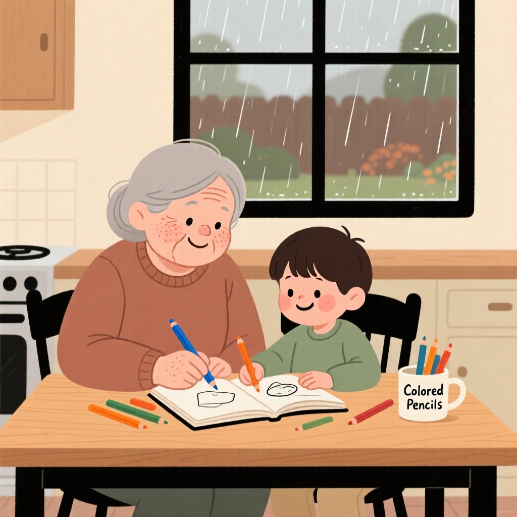 A grandmother teaches a eager grandchild how to sketch with colored pencils at the kitchen table while rain taps gently against the window, both focused and smiling.