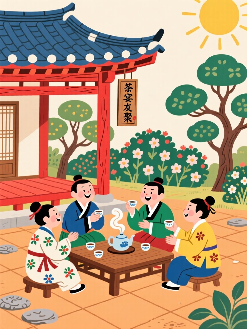 A group of friends sharing tea in a garden pavilion in a sunlit courtyard.