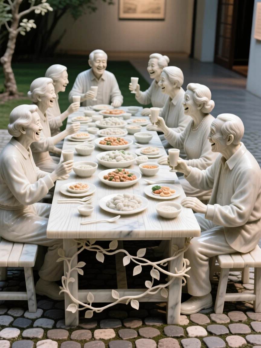 A joyful scene of neighbors sharing a meal at a long outdoor table, capturing warmth, togetherness, and belonging