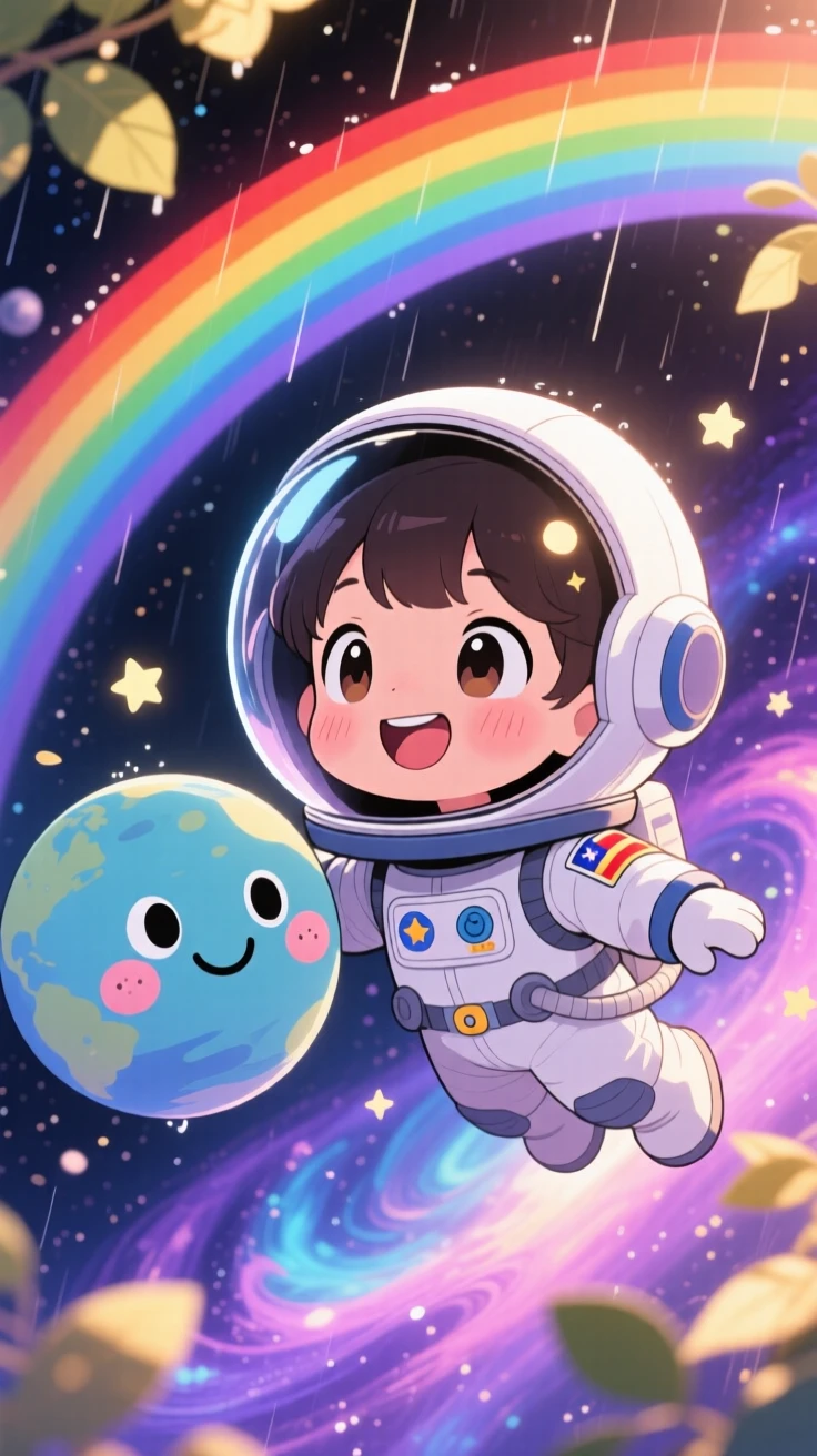 Close-up portrait: a small astronaut child, floating weightlessly beside a smiling planet, set against outer space with swirling nebulae under a rainbow after the rain, with warm morning light filtering through leaves and a mood of giggling amusement.