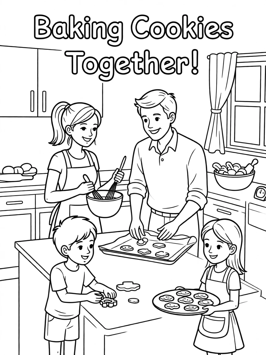 A family baking cookies together in a warm kitchen