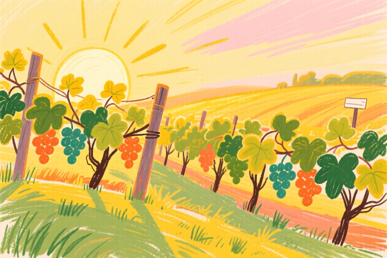A view of a vineyard glowing at golden hour bathed in the last light of day.
