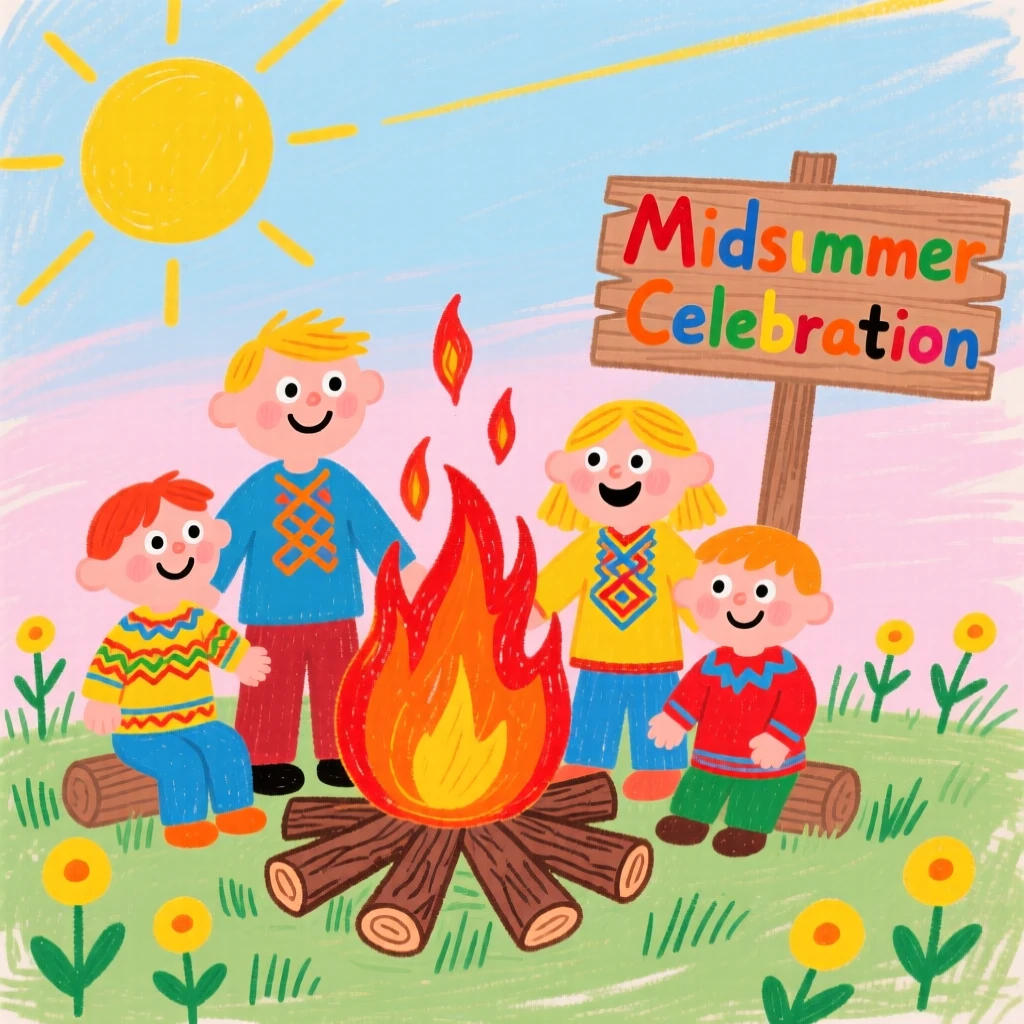 A Nordic family gathering around a midsummer bonfire under the long evening light.