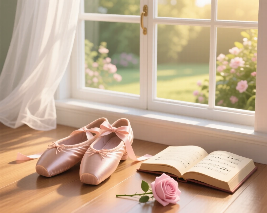 A pair of ballet shoes with ribbons neatly tied, placed beside a sunlit window, arranged with complementary objects nearby for context, with soft golden light highlighting fine craftsmanship.