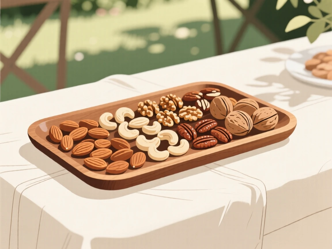 A tray of roasted nuts beautifully displayed on a linen tablecloth at a garden party.