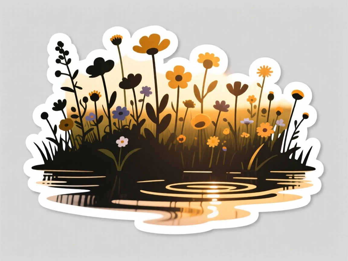 A serene wildflower meadow at golden hour, with gentle ripples across the water, in a place time seems to slow down.
