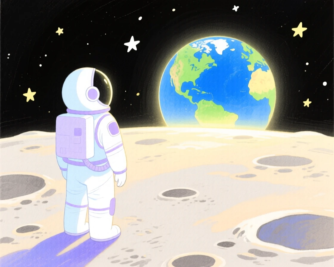A dazzling view of an astronaut watching Earth rise over the lunar horizon.