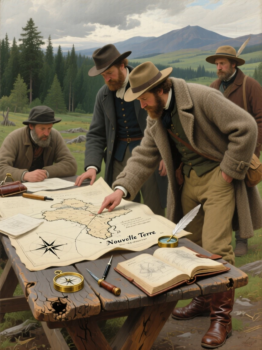 A group of explorers charting new territory with maps spread across a wooden table, with authentic textures and materials true to the historical period, honoring the customs, craftsmanship, and spirit of the time
