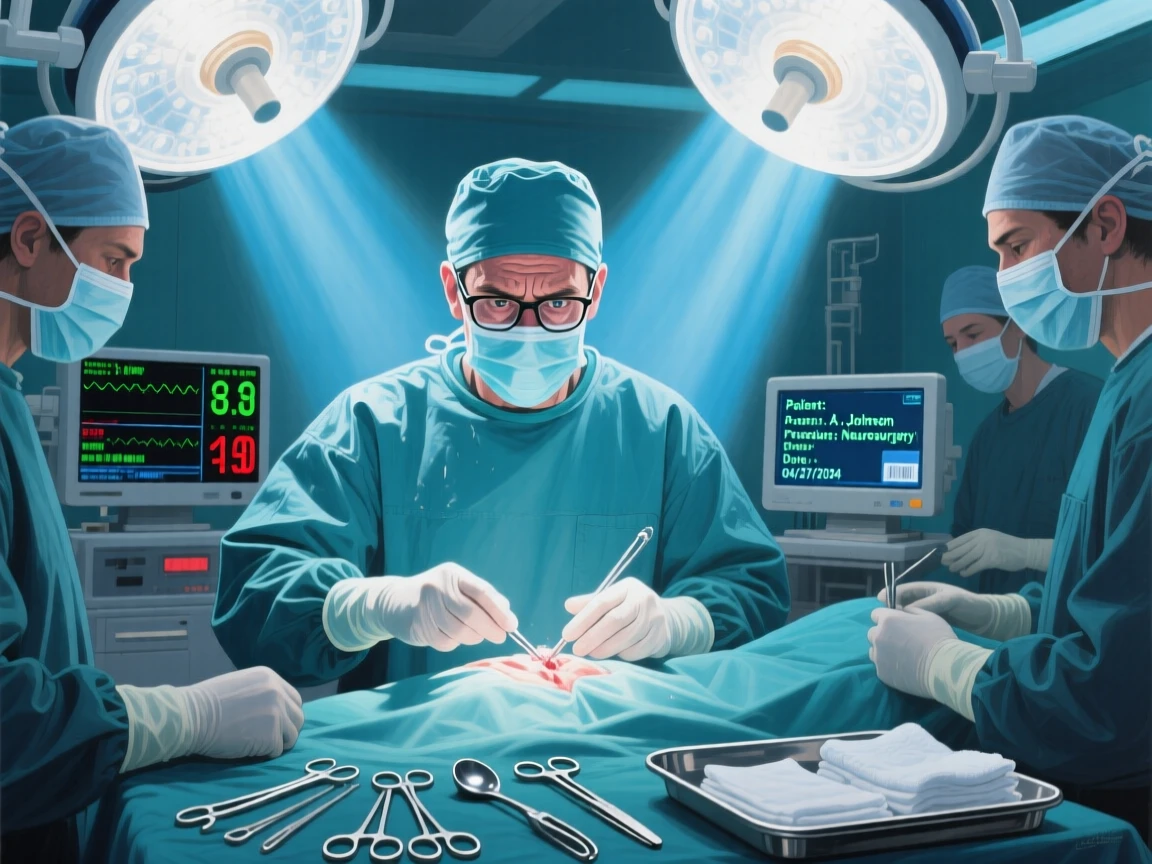 A determined surgeon focuses intently during a delicate operation, sterile lights illuminating the focused team gathered around the operating table, a sense of genuine, unguarded emotion captured in the small details of their expression.