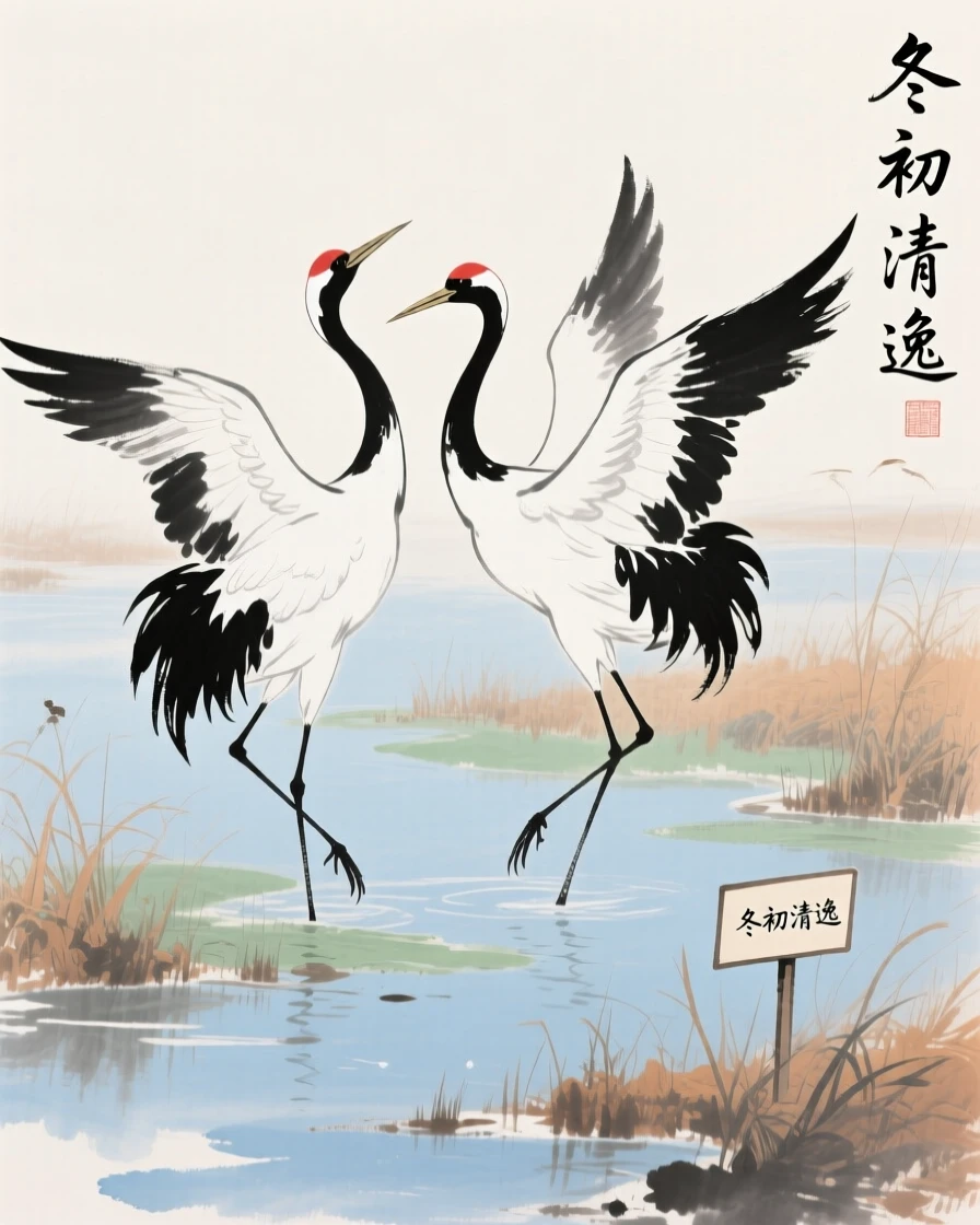 A pair of cranes dancing together in a shallow marsh, in the mild days of early winter.