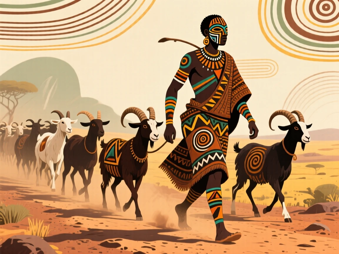 A shepherd leading a flock of goats along a dusty path.