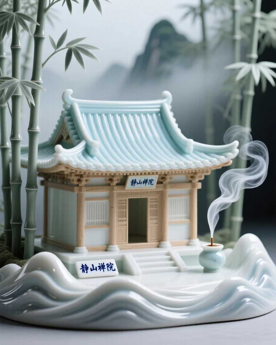 A serene mountain temple nestled in a misty bamboo forest, soft incense smoke curling upward.