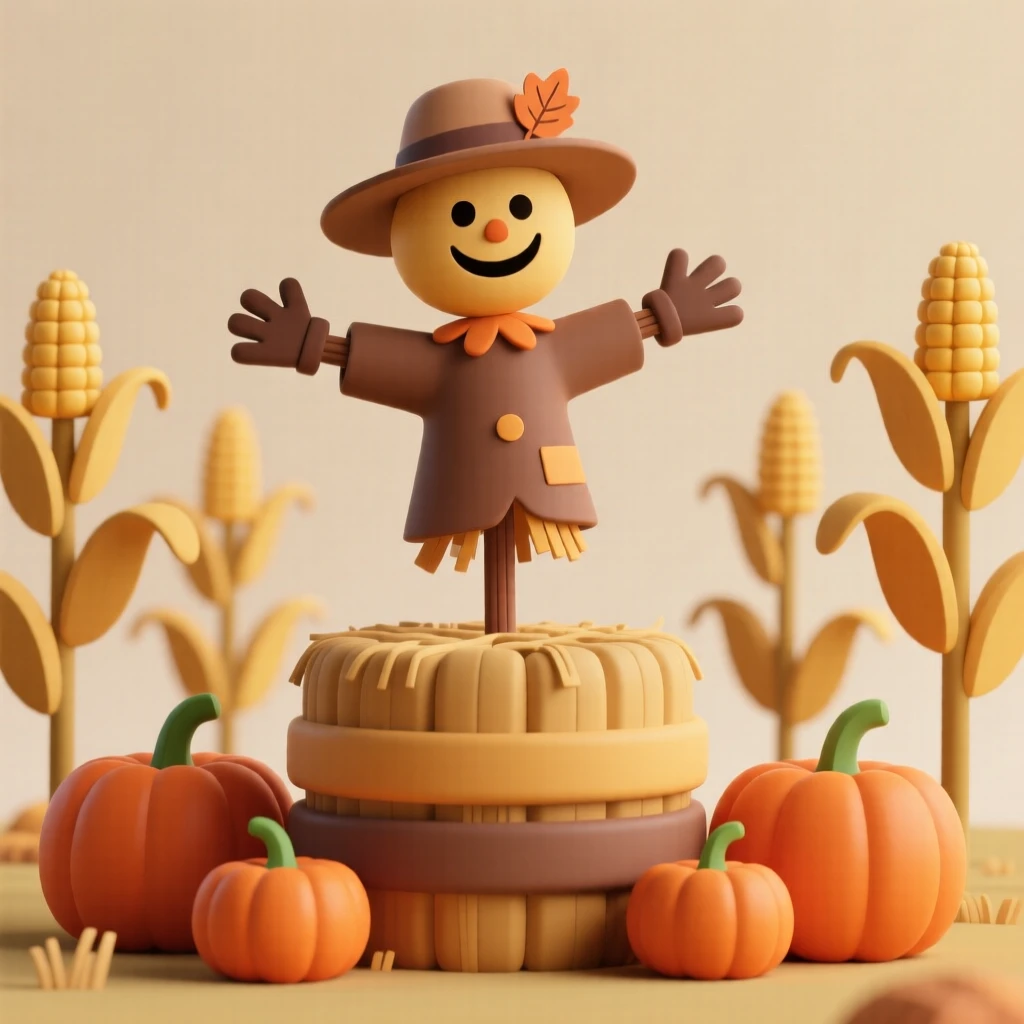 A cheerful autumn scarecrow waves from atop a hay bale, surrounded by orange pumpkins and golden cornstalks.