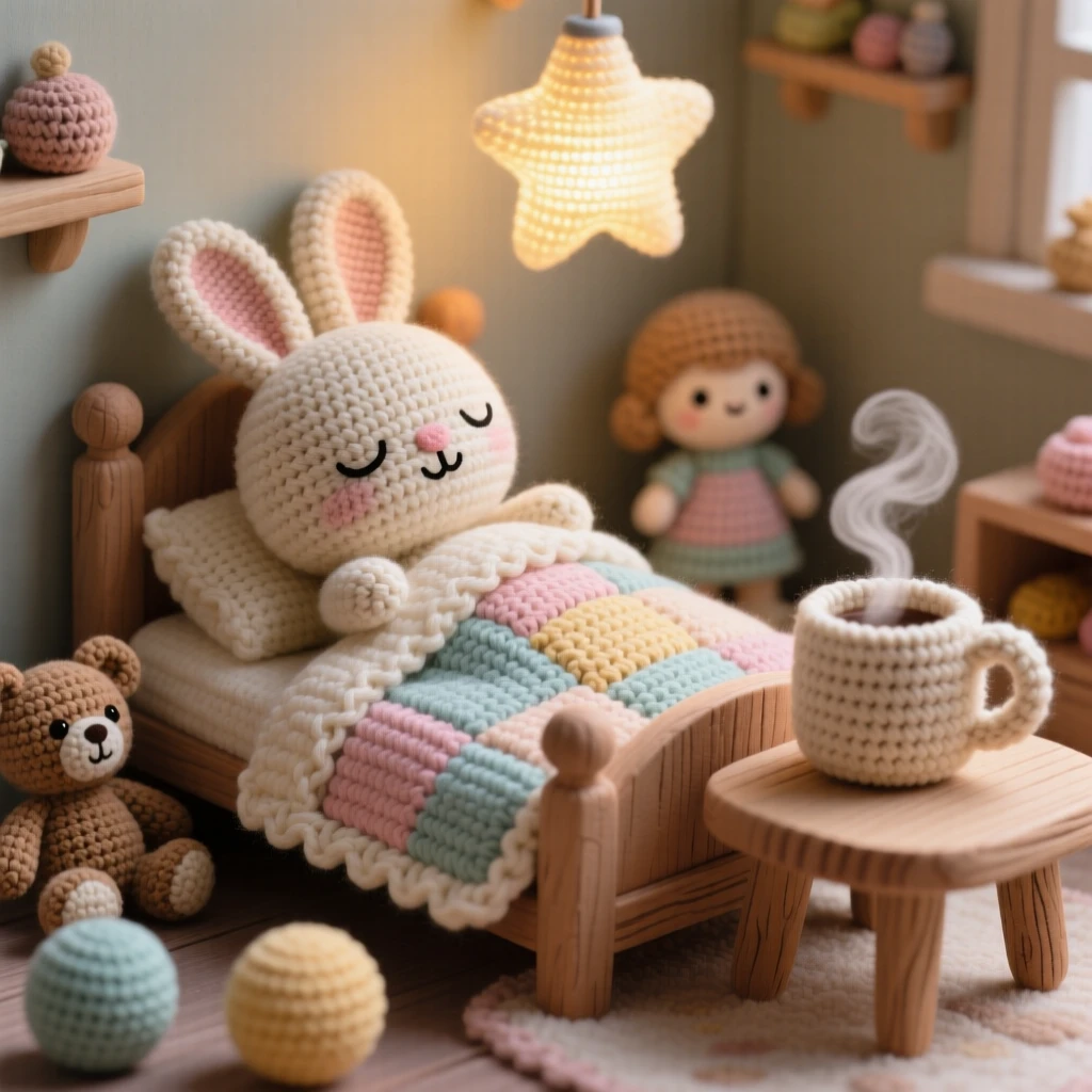 a sleepy bunny tucked into a tiny bed, with a quilt pulled up to its chin, dozing peacefully under a nightlight, in a tidy playroom scattered with soft toys, with a steaming mug resting on a small table nearby, radiating soft nostalgic coziness.