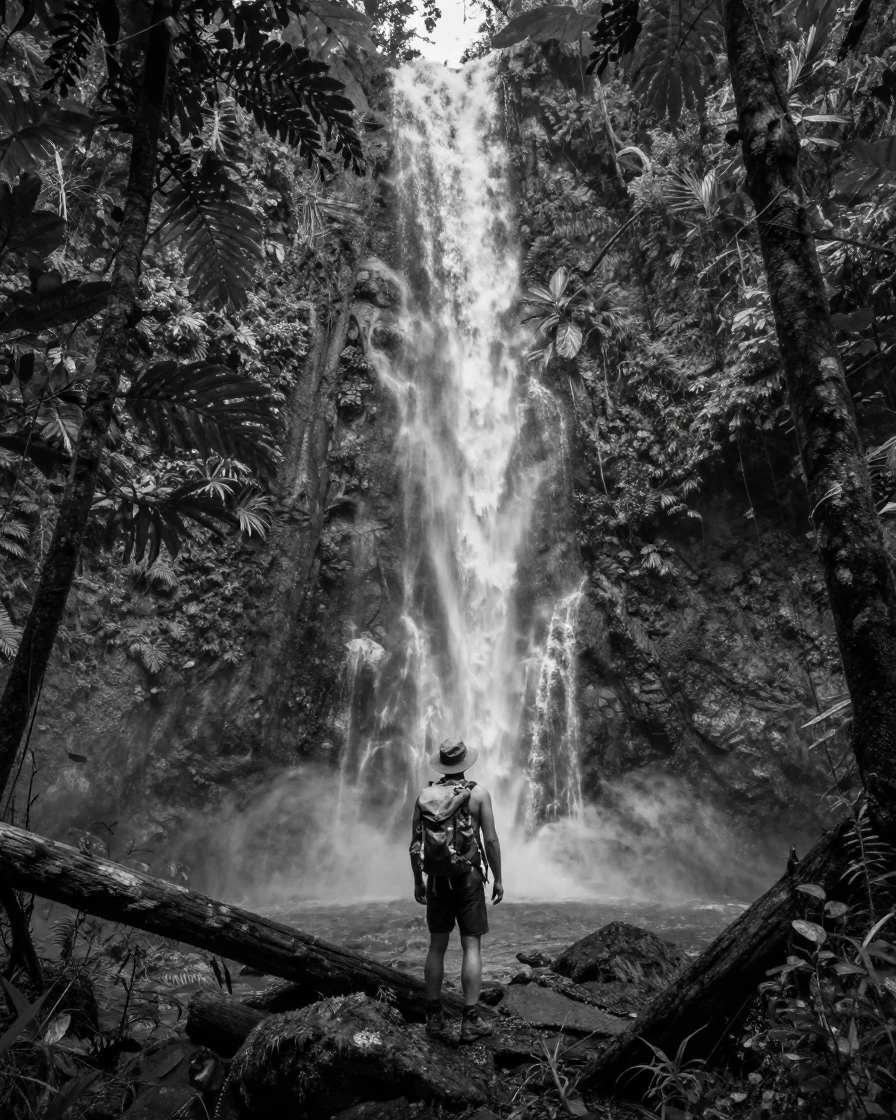 A hiker stands in awe before a roaring waterfall deep in a tropical rainforest.