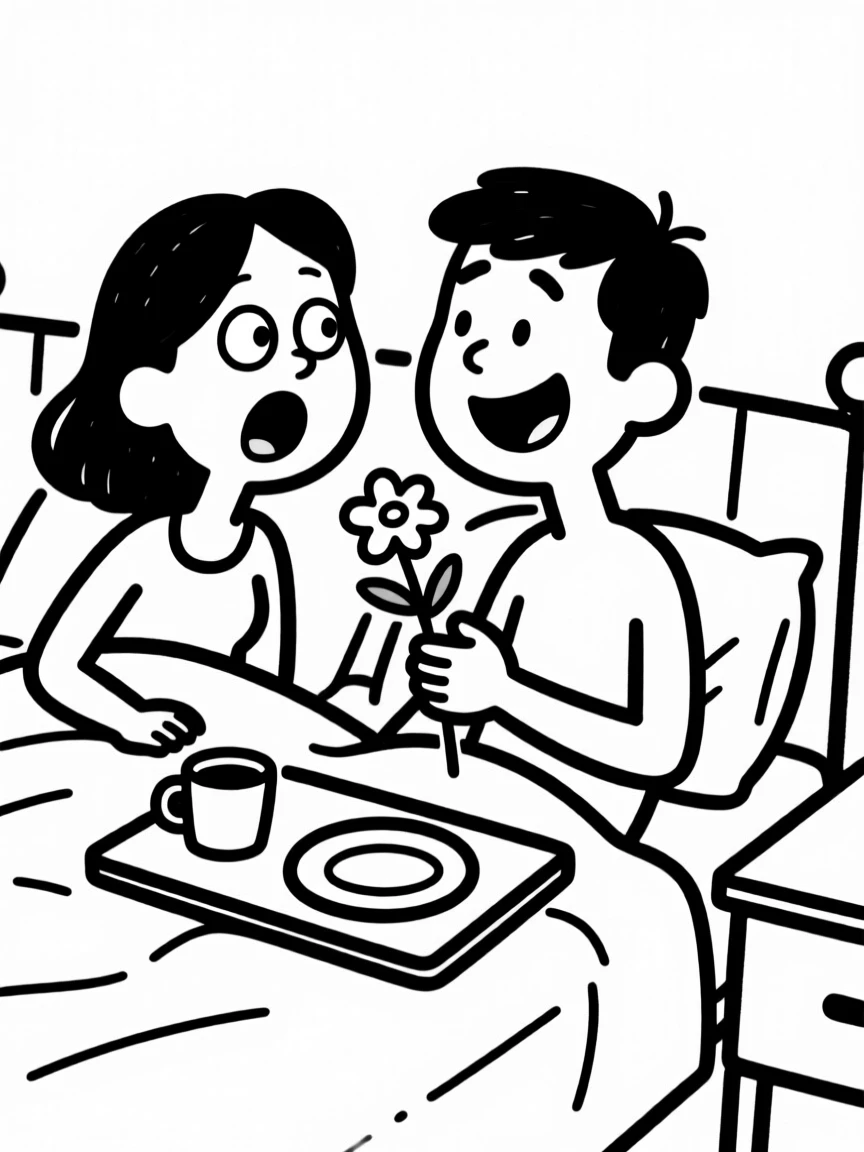 A partner surprising the other with breakfast in bed and a single flower.