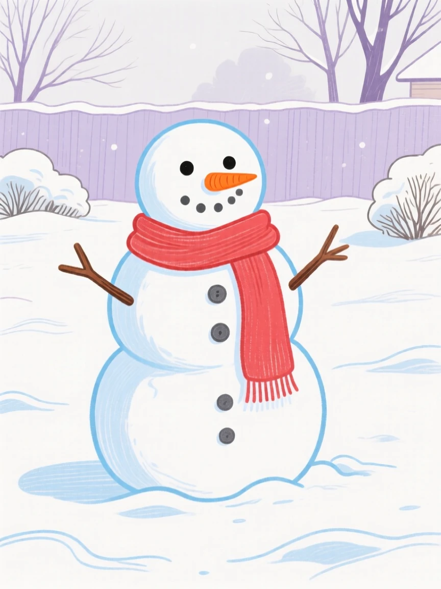 A snowman wearing a scarf in a quiet snowy yard.