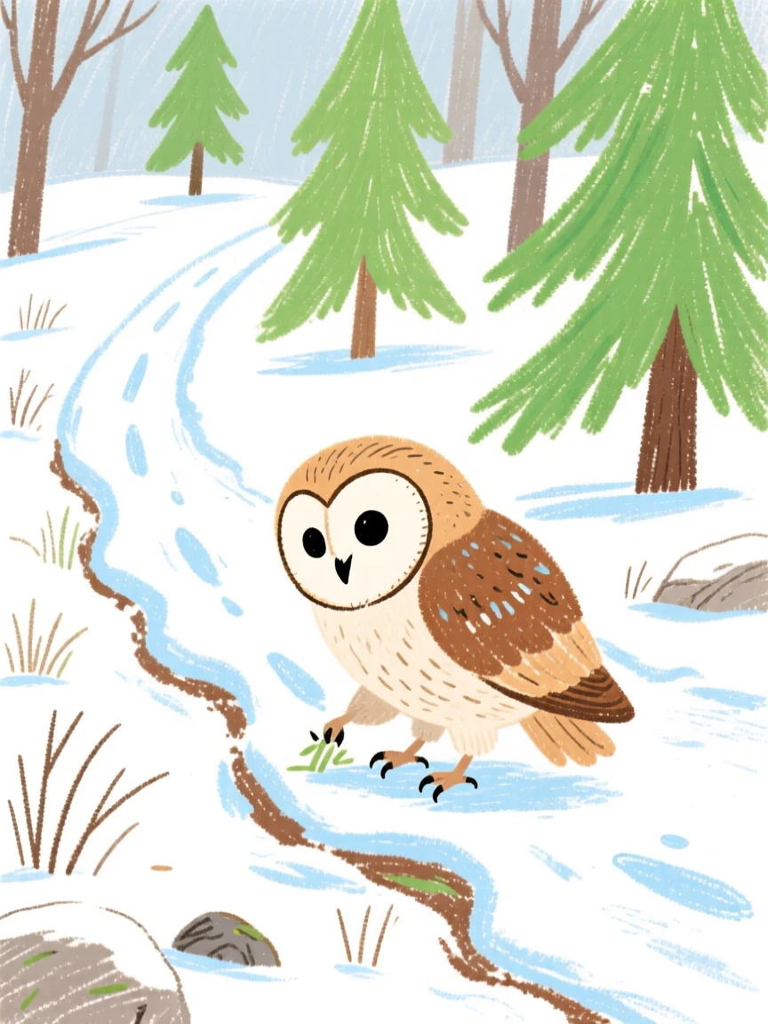 A barn owl foraging quietly along the edge of a snowy trail.