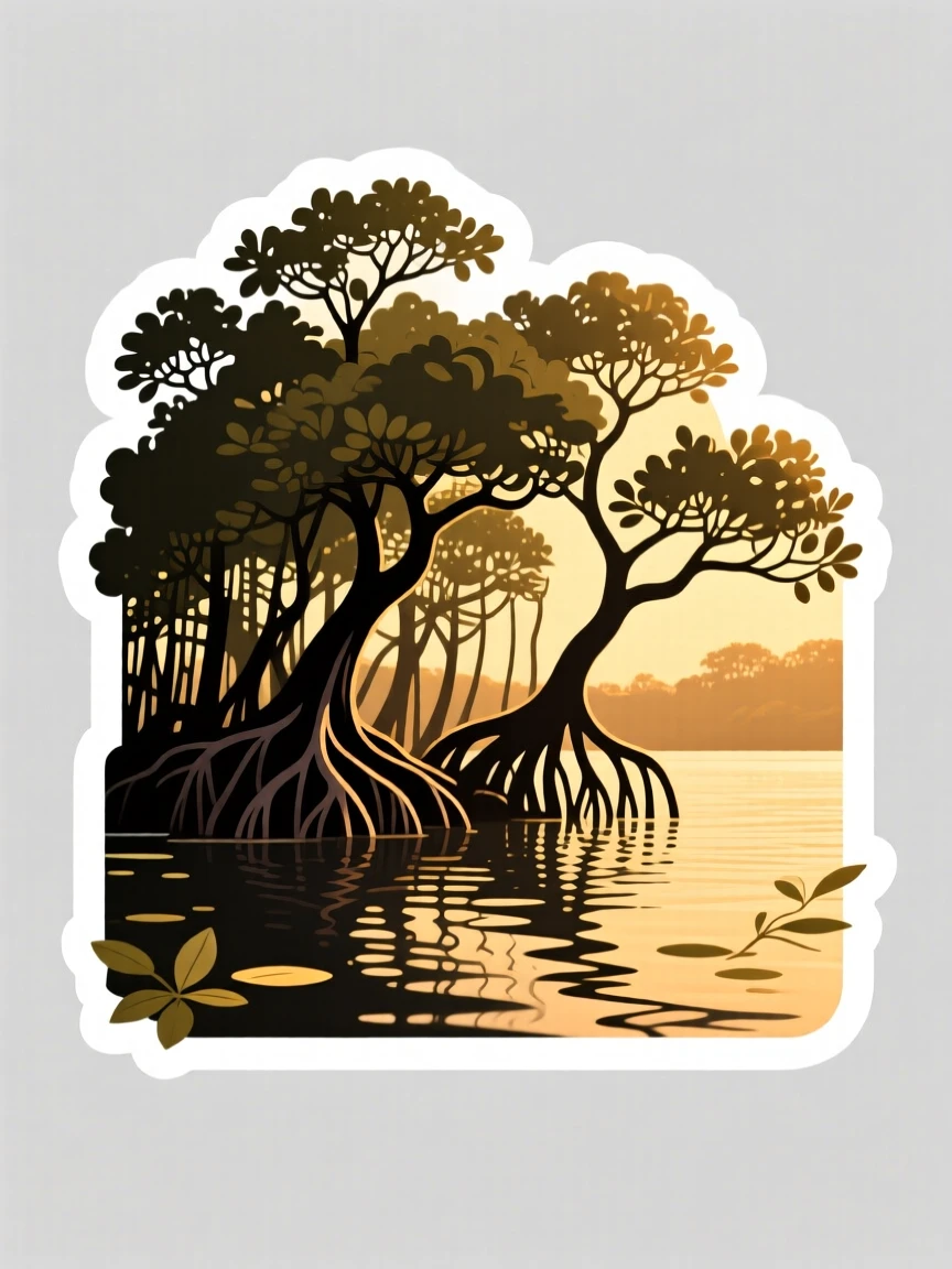 A serene mangrove forest with calm still water, bathed in golden hour light, where the air feels crisp and fresh.