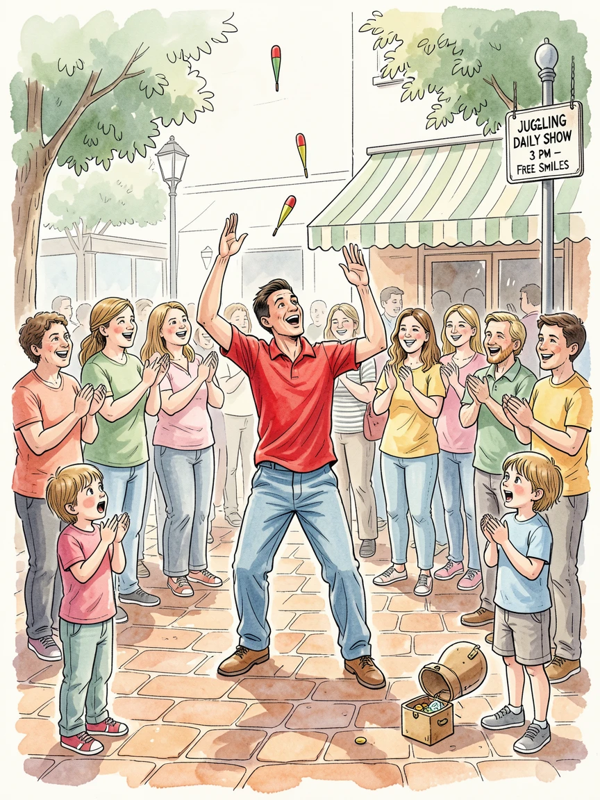 A street performer juggling for a delighted crowd in a busy plaza, small details hinting at the story behind the moment.