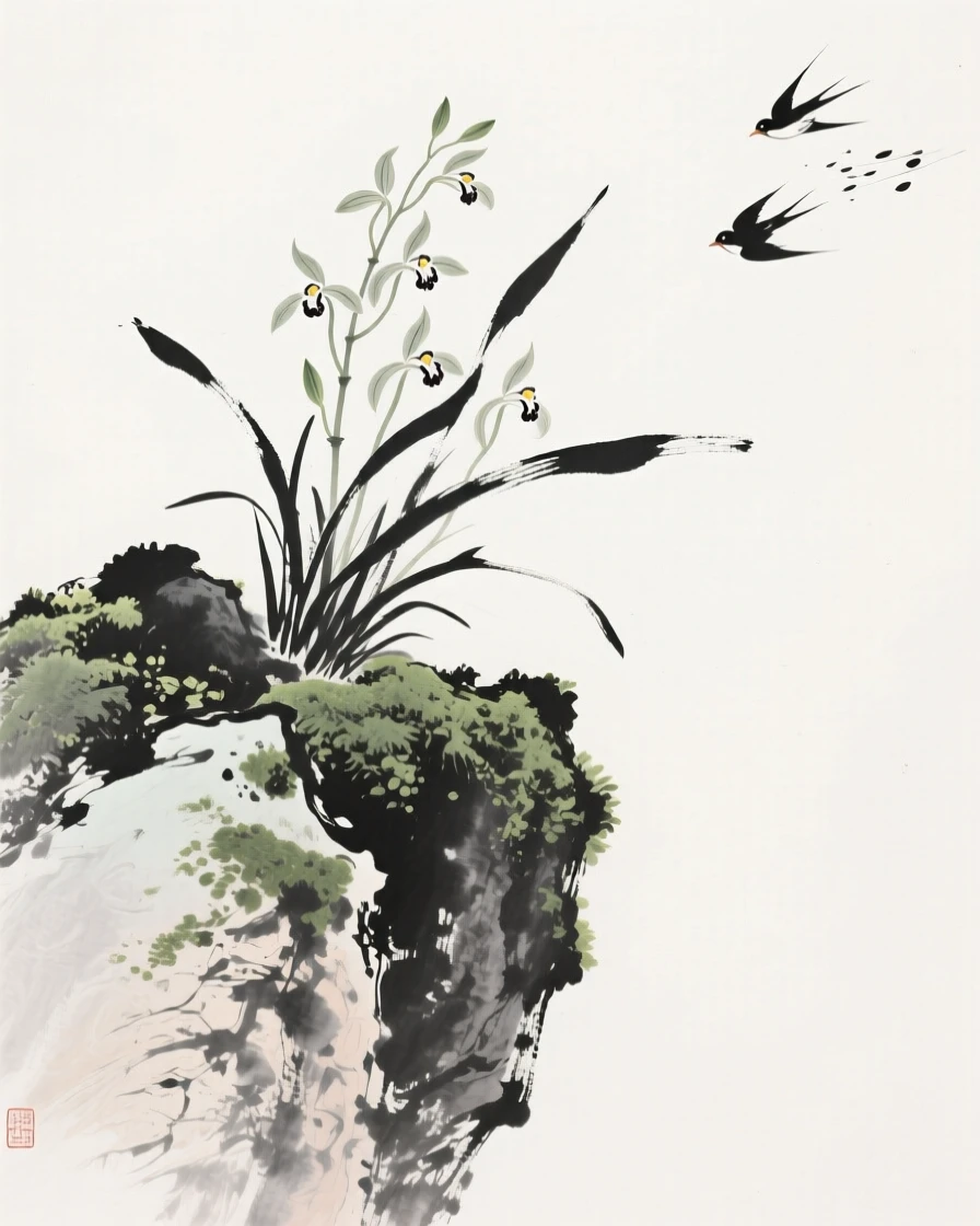A cluster of wild orchids grows from a crevice in a mossy rock, as birdsong drifts through the quiet grove.