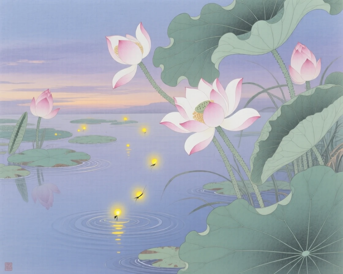 Fireflies rising above a lotus pond on a warm summer evening
