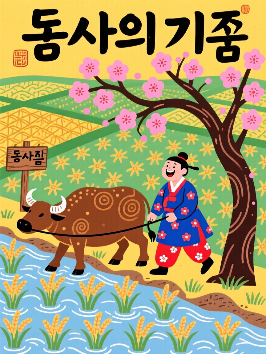 A farmer leading an ox through a rice paddy, beside a blossoming cherry tree.