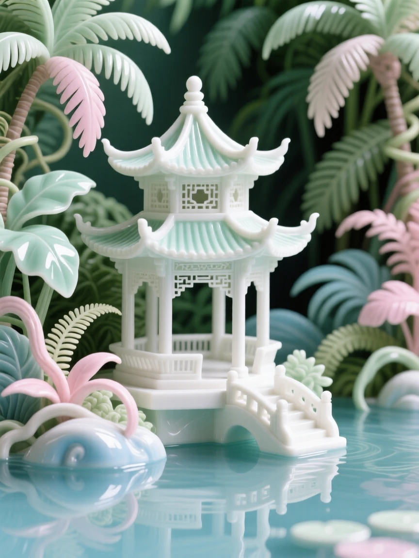 A serene lakeside pagoda nestled in dense tropical jungle, bathed in the soft light of dawn.