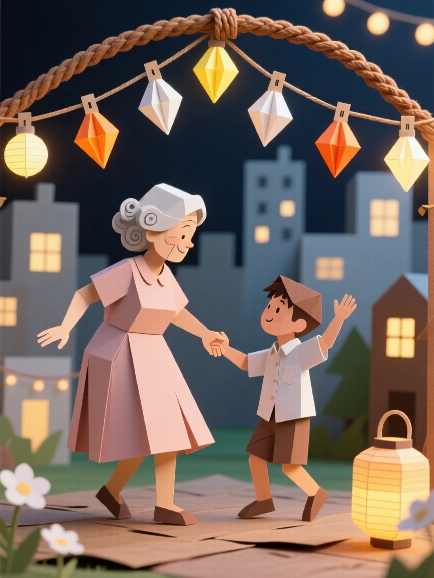 A grandmother and her grandson dancing beneath string lights at an evening festival, with distant city lights glimmering softly, evoking love across generations.