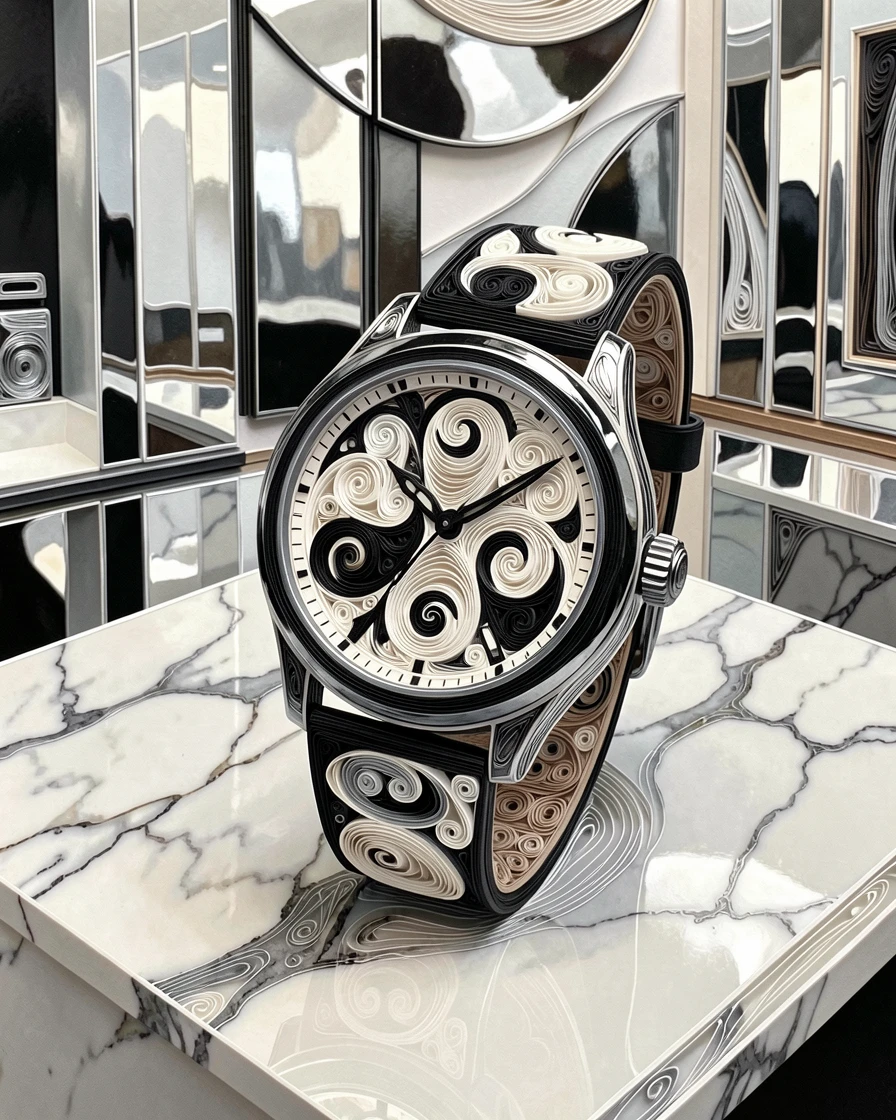 an elegant wristwatch resting on a marble surface, in a sophisticated penthouse suite, composed with glossy reflective surfaces throughout, in classic monochrome black and white.