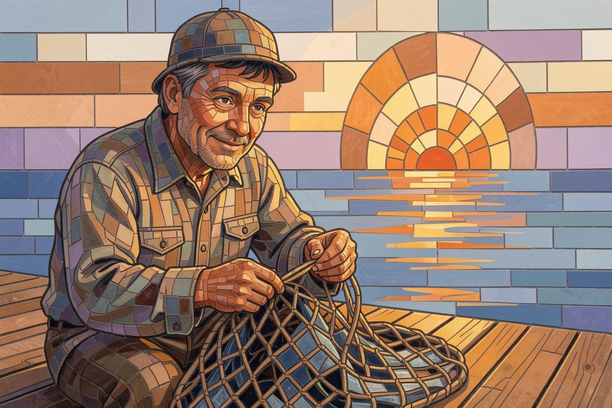 A close-up emotional portrait of a fisherman mending his nets at sunrise on a quiet harbor dock, with striking eyes and gentle expression.