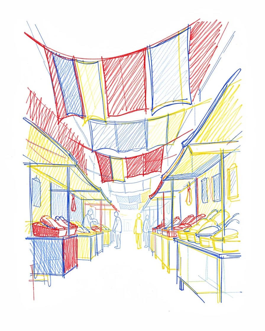 A colorful street market with hanging textiles fluttering in the breeze