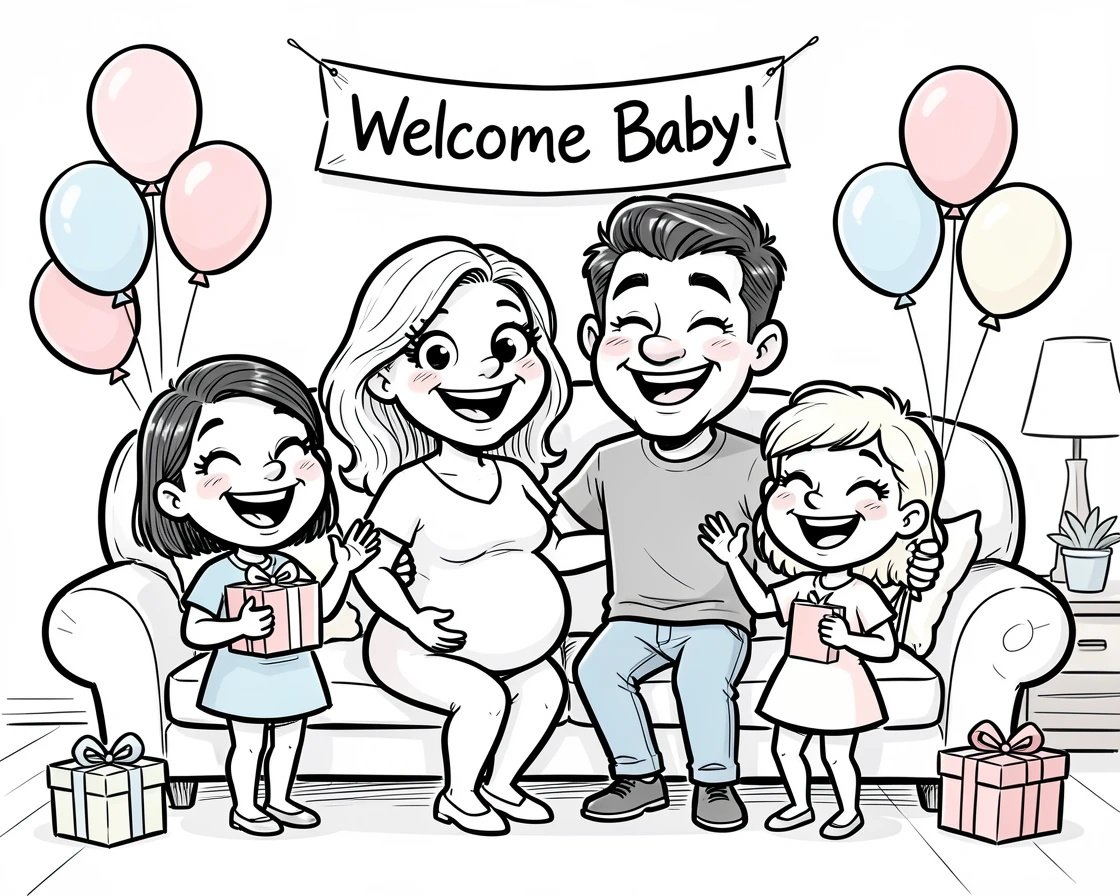 [Seasonal Holidays & Celebrations] Festive scene of a family celebrating a baby shower with pastel balloons and gifts, full of celebration and joy