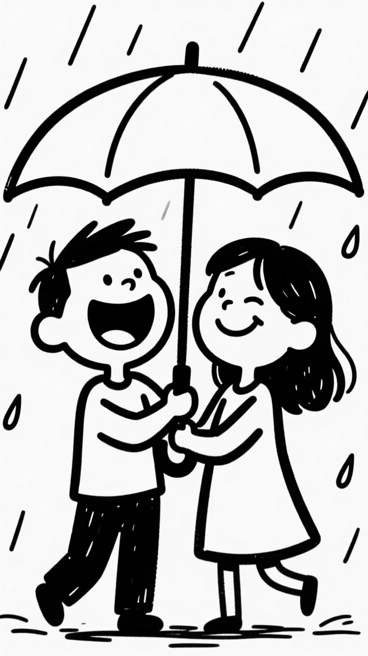 A couple laughing together under a shared umbrella in the rain.