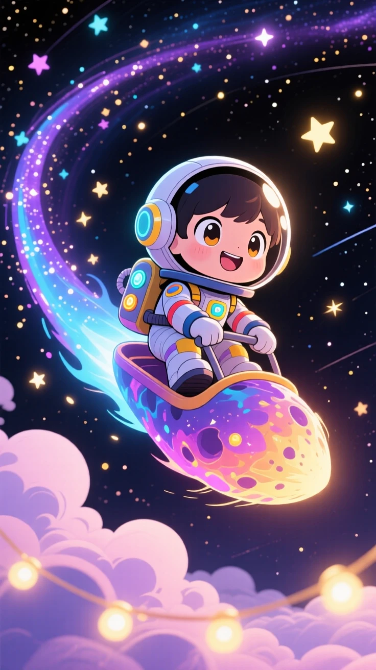 A young space explorer riding a comet like a sled, framed as a low-angle shot looking up within a starry cosmic trail, beneath fluffy drifting clouds, glowing under warm fairy-light glow, evoking brave confidence.