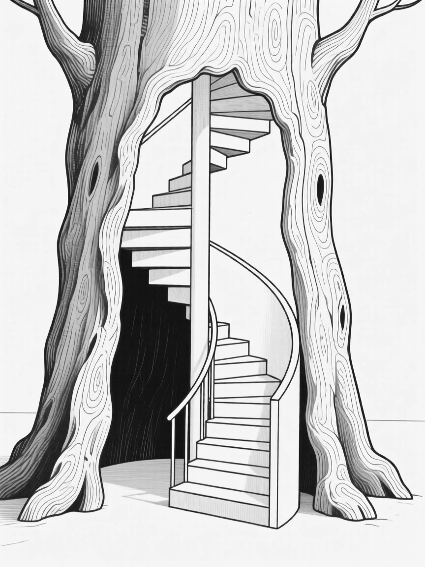 A hidden staircase spiraling up inside a giant tree trunk
