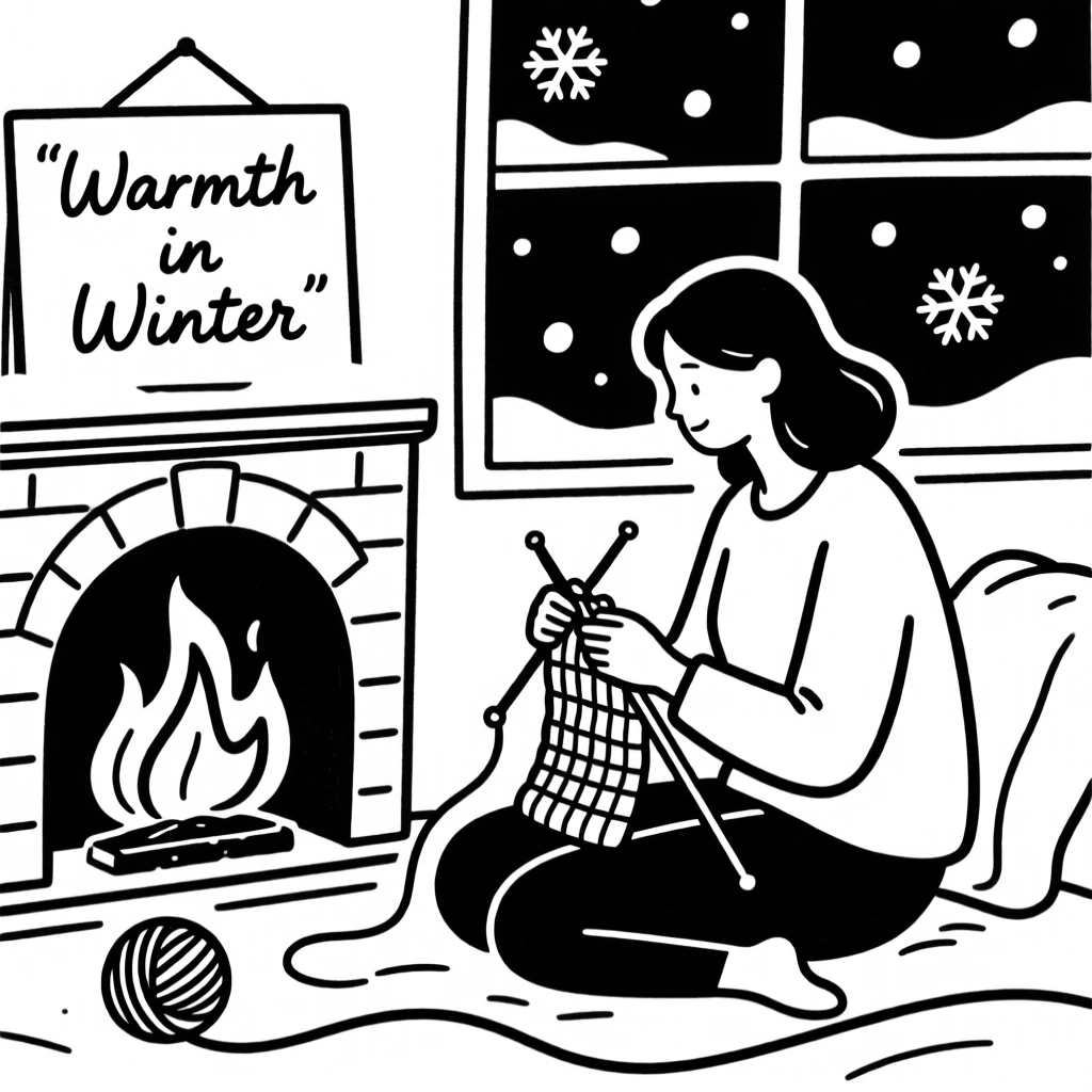 A woman knitting by a fireplace on a snowy evening.