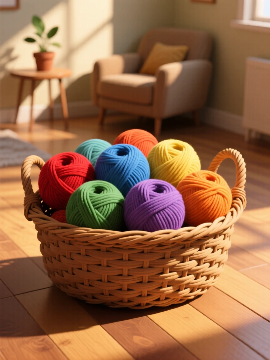 A collection of colorful yarn balls in a woven basket, set within a cozy, warmly lit room, composed with soft diagonal lighting for depth, with soft golden light highlighting fine craftsmanship.