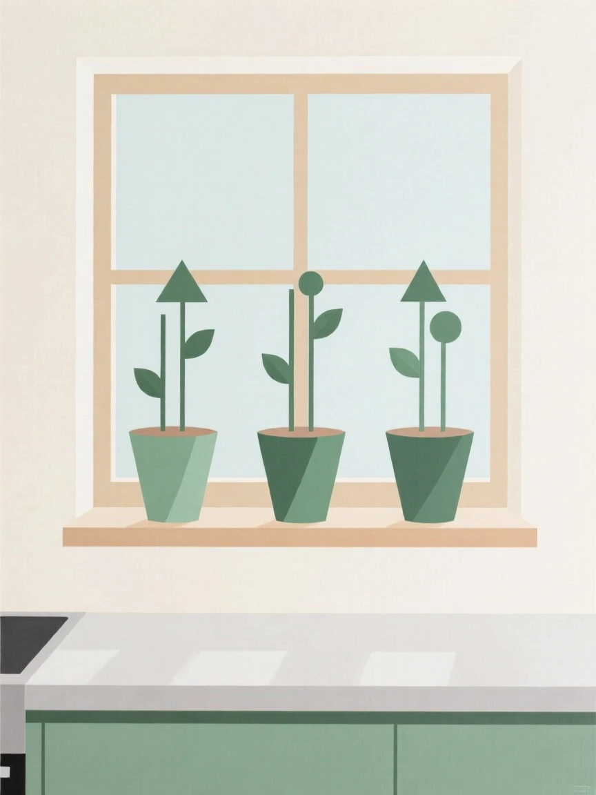 A kitchen with an herb garden on the windowsill