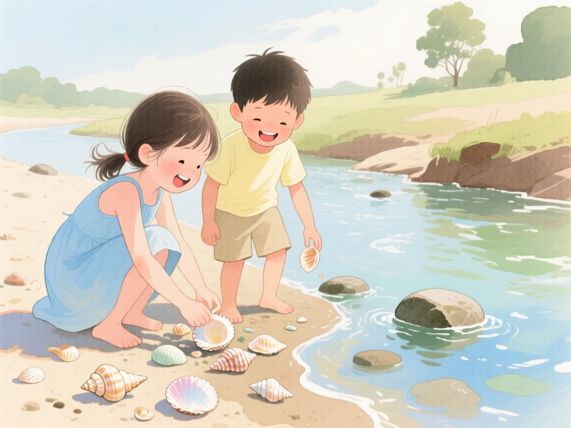 Two giggling siblings collects seashells along the shore near a babbling brook, laughter and joy filling the warm afternoon air