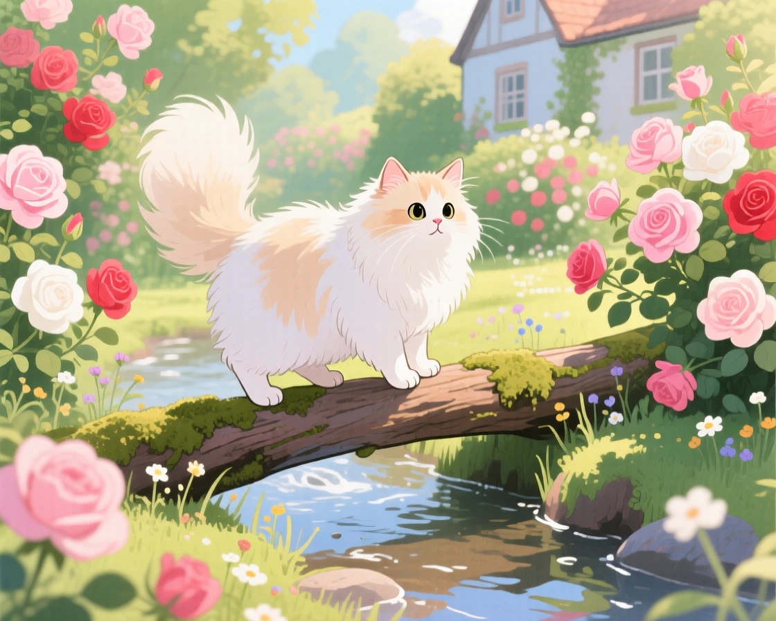 A fluffy persian cat balancing on a log across a gentle stream, set in a sunny cottage garden overflowing with roses, evoking warmth and gentle affection.