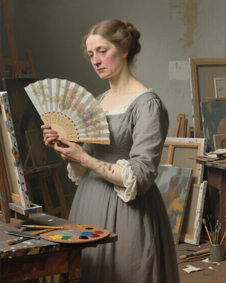 A society lady fanning herself at an elegant garden party captured in a quiet, introspective moment, set in an artist's cluttered studio strewn with canvases, with worn hands and a face lined by years of quiet labor; a tight three-quarter portrait draws focus entirely to the expression, conveying quiet dignity and inner life.