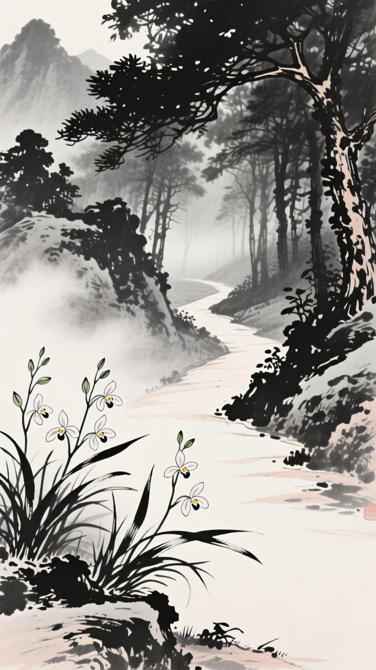 Orchids grow wild along a shaded mountain path, with morning mist still clinging to the leaves.