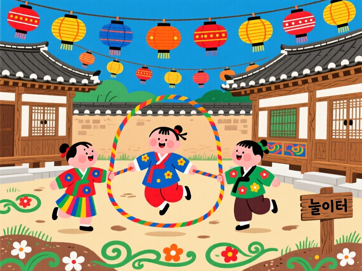 Children skipping rope in a village courtyard, under strings of paper lanterns.