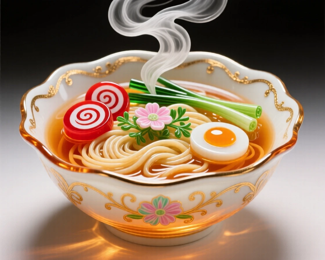 A bowl of ramen with steam rising, garnished beautifully, comforting and appetizing.