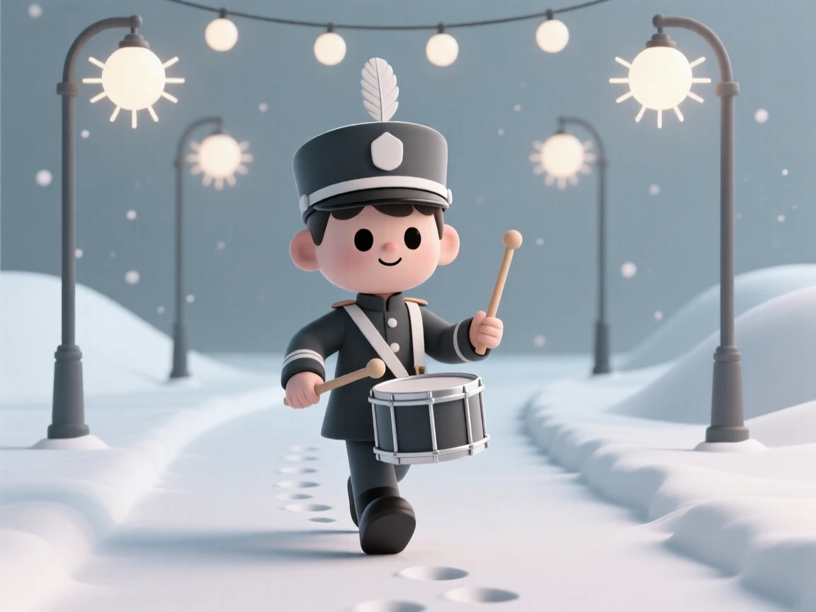 A festive drummer boy marches proudly through fresh snow, drumbeat echoing beneath twinkling holiday street lights.