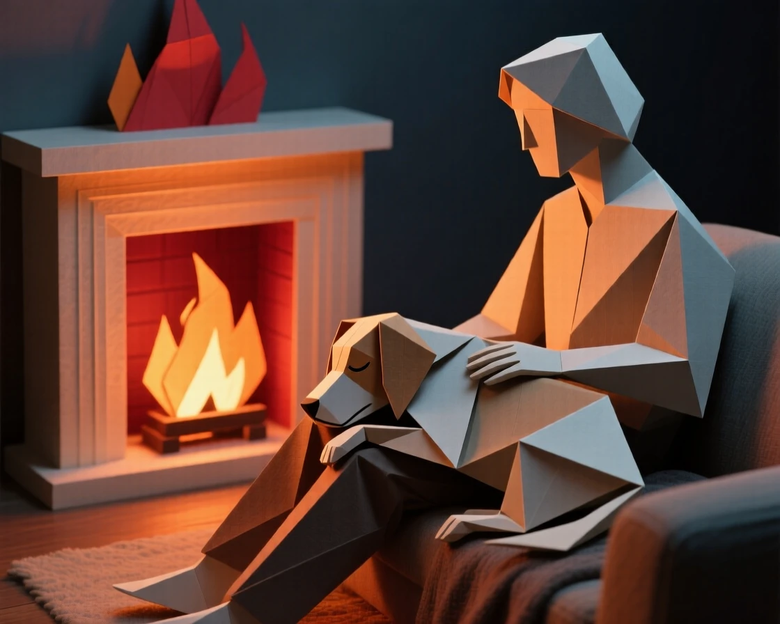 A cozy evening scene with a dog resting its head on its owner's lap by the fire.