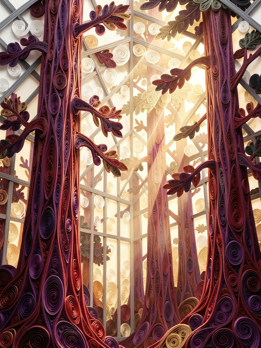 a towering redwood forest with sunbeams breaking through, in a greenhouse filled with soft filtered light, captured in a close-up macro composition, in deep jewel tones of violet and crimson.
