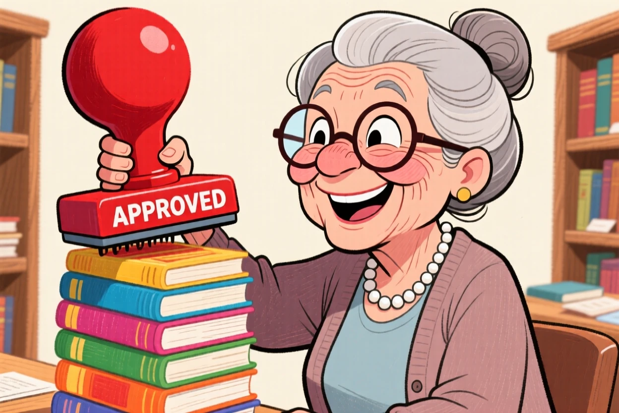 A librarian stamping a stack of books with a satisfied smile, glasses perched on her nose.